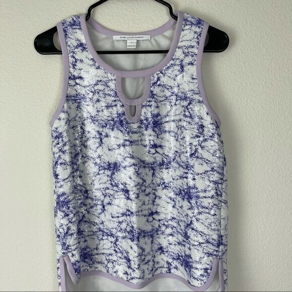 Diane Von Furstenberg Sequin Party Tie Dye Purple Tank Top Work Blouse Sz 4 - Picture 7 of 10